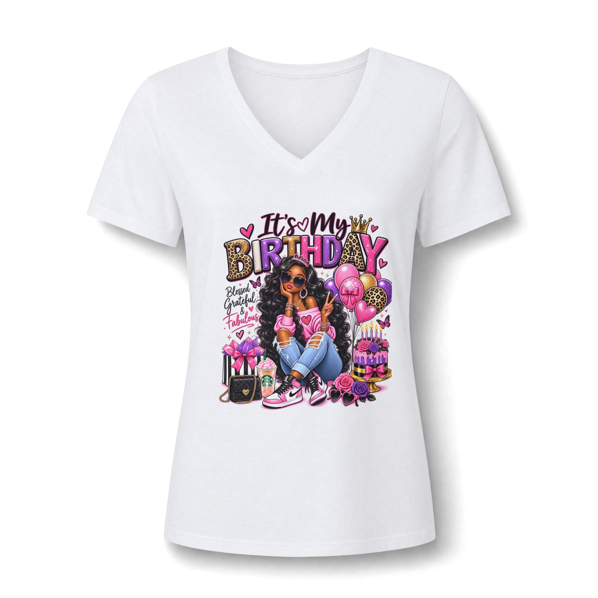 V-Neck Tee — "It's My Birthday" Graphic Women's Birthday V-Neck