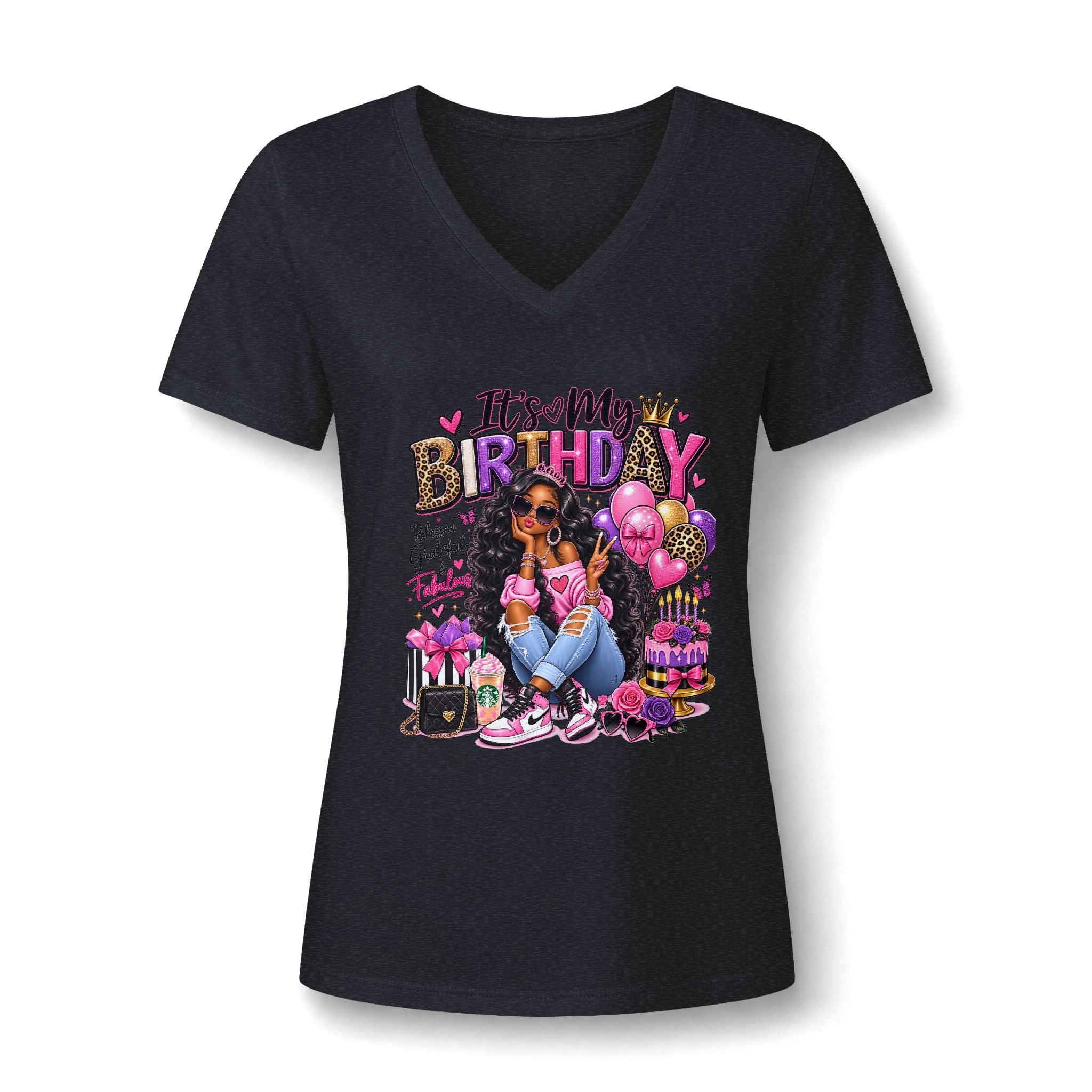 V-Neck Tee — "It's My Birthday" Graphic Women's Birthday V-Neck