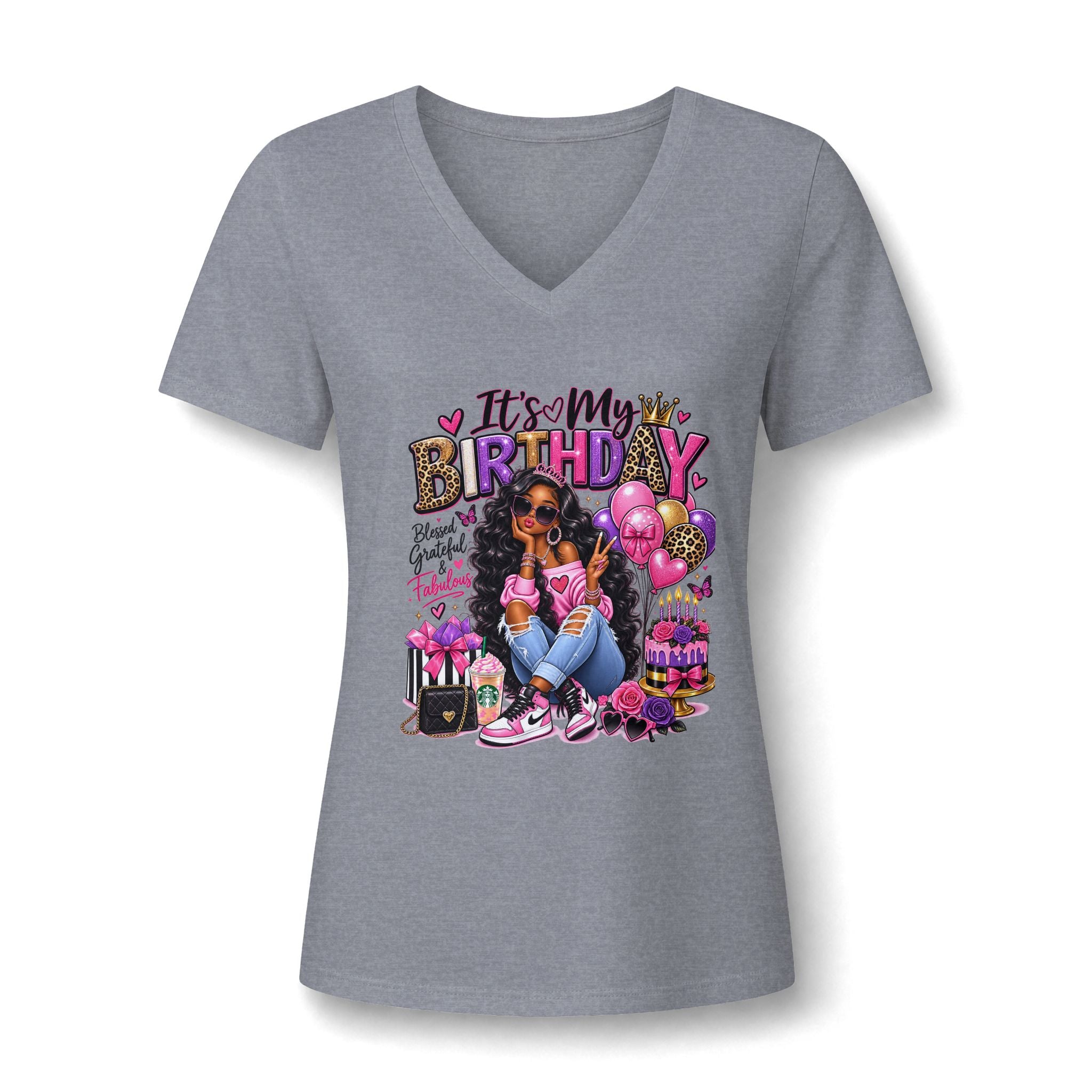 V-Neck Tee — "It's My Birthday" Graphic Women's Birthday V-Neck