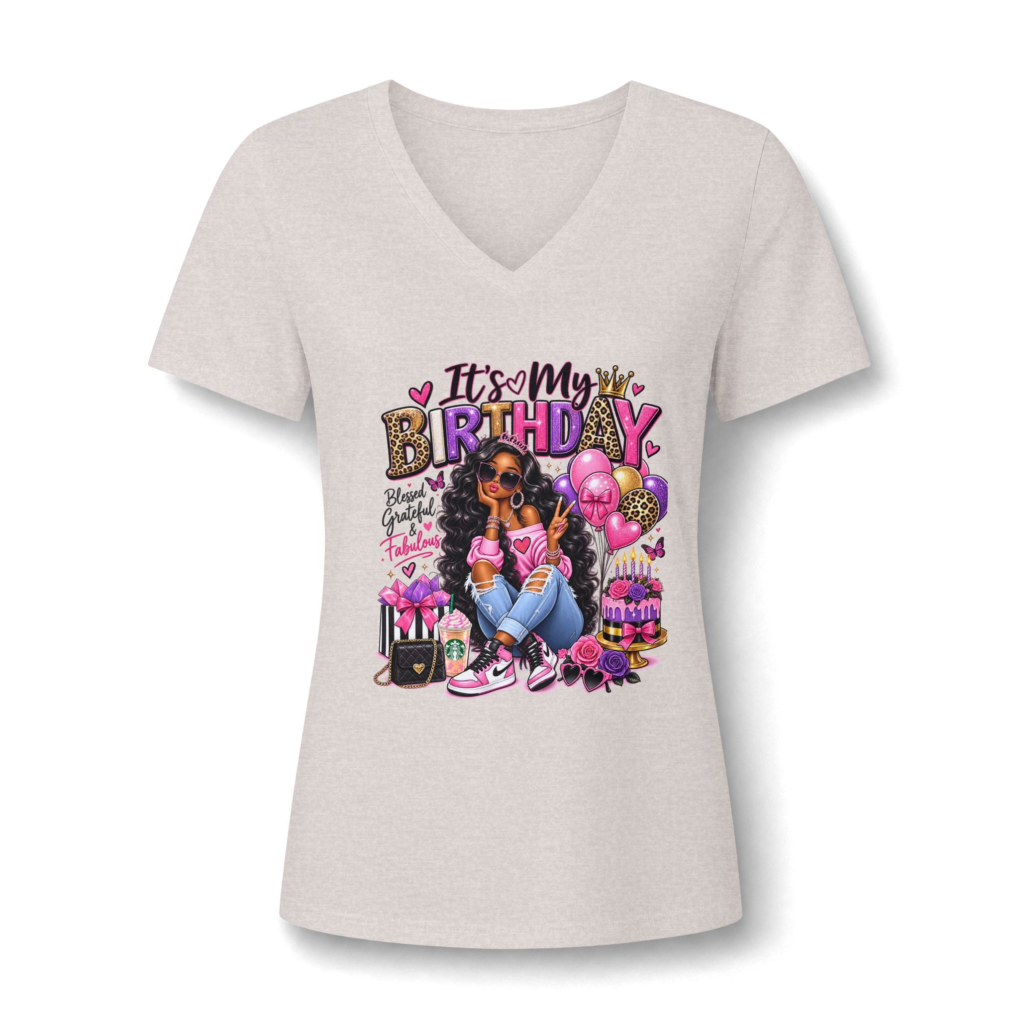 V-Neck Tee — "It's My Birthday" Graphic Women's Birthday V-Neck