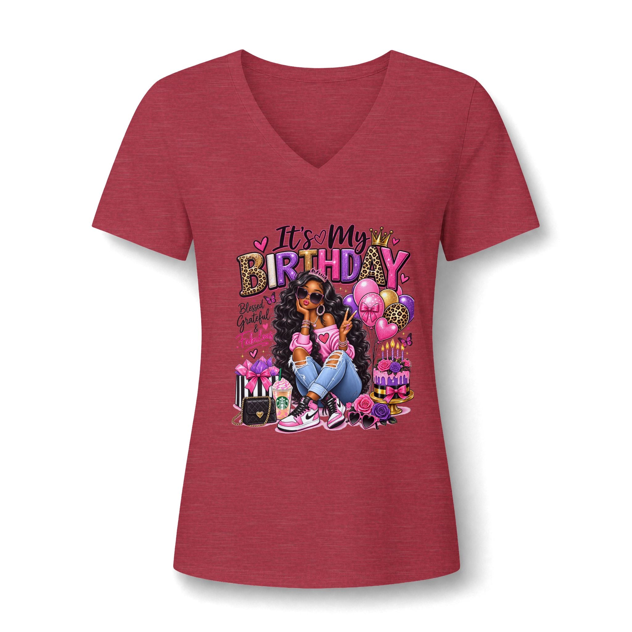 V-Neck Tee — "It's My Birthday" Graphic Women's Birthday V-Neck