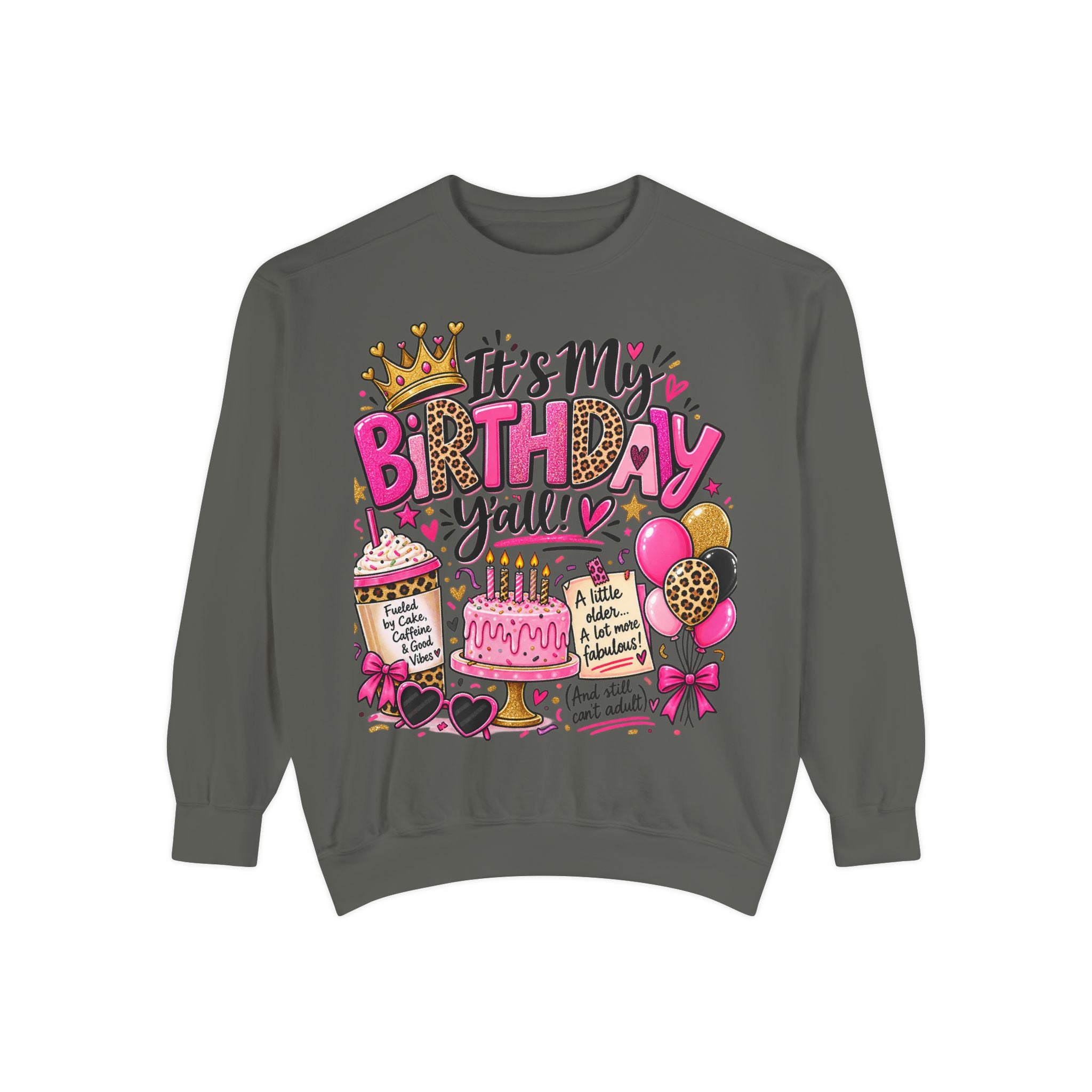 Birthday Sweatshirt — "It's My Birthday Y'all" Pink Cake & Balloons Crewneck