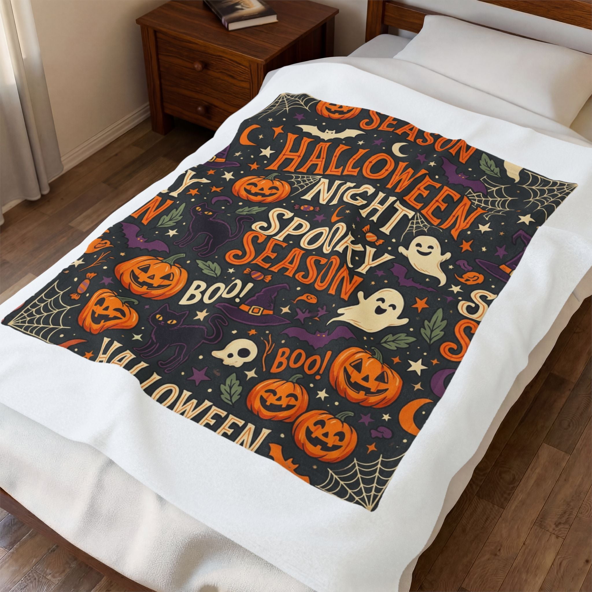 Halloween Plush Blanket — Spooky Season Pumpkin & Ghost Velveteen Throw