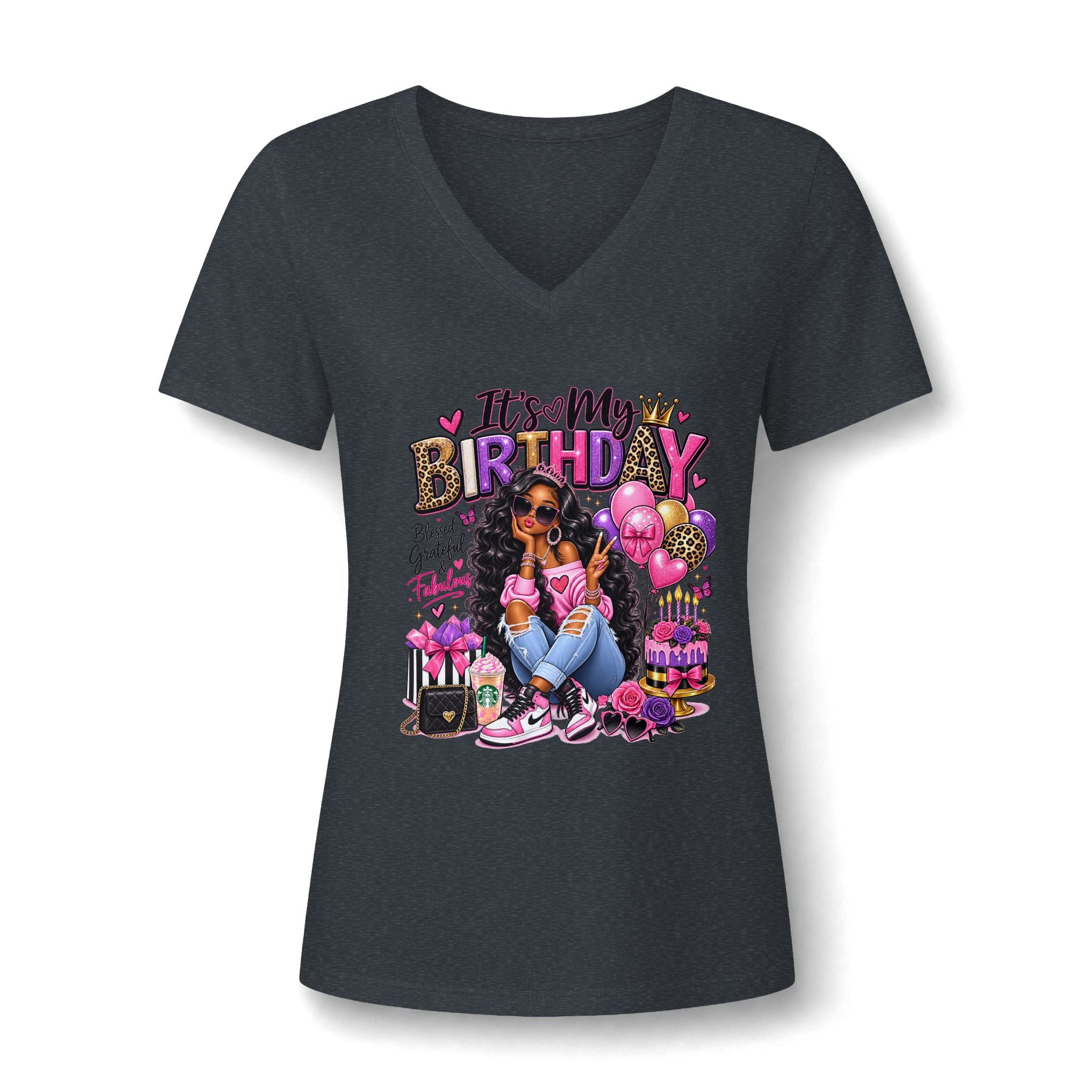 V-Neck Tee — "It's My Birthday" Graphic Women's Birthday V-Neck