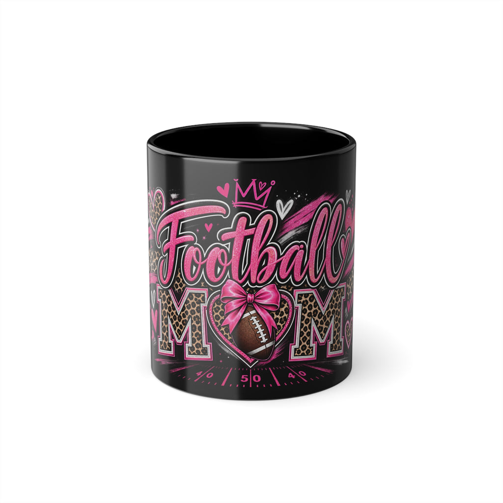 Football Mom Coffee Mug — Black 11oz (Pink Cheer Graphic)