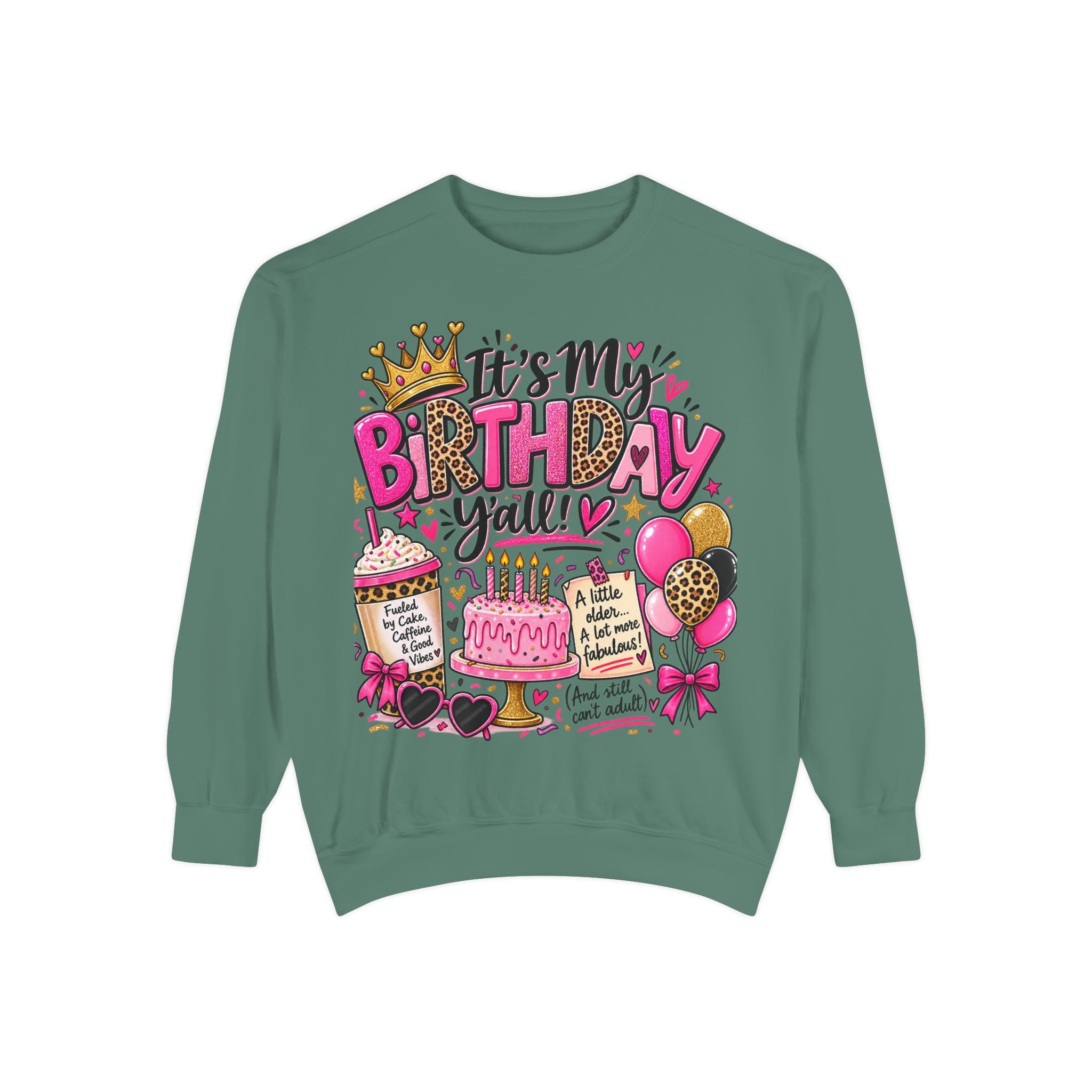 Birthday Sweatshirt — "It's My Birthday Y'all" Pink Cake & Balloons Crewneck